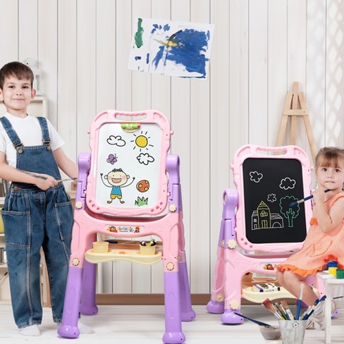 Costway Height Adjustable Kids Art Easel Magnetic Double Sided Board W/ Accessories Pink : Target