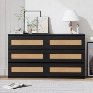 Rattan 6 Drawers Dresser for Bedroom, Slim Wooden Chest of Drawers, Durable Freestanding Storage Organizer Cabinet for Living Room - 1 of 4
