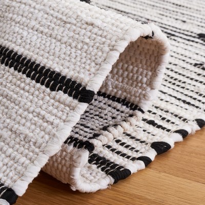 Boho Chic Black and Ivory Striped Kilim 5' x 8' Wool Area Rug