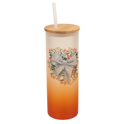 Elanze Designs 25 Ounce Frosted Glass Gradient Travel Tumbler With Straw and Wooden Lid, White Bow Floral Orange