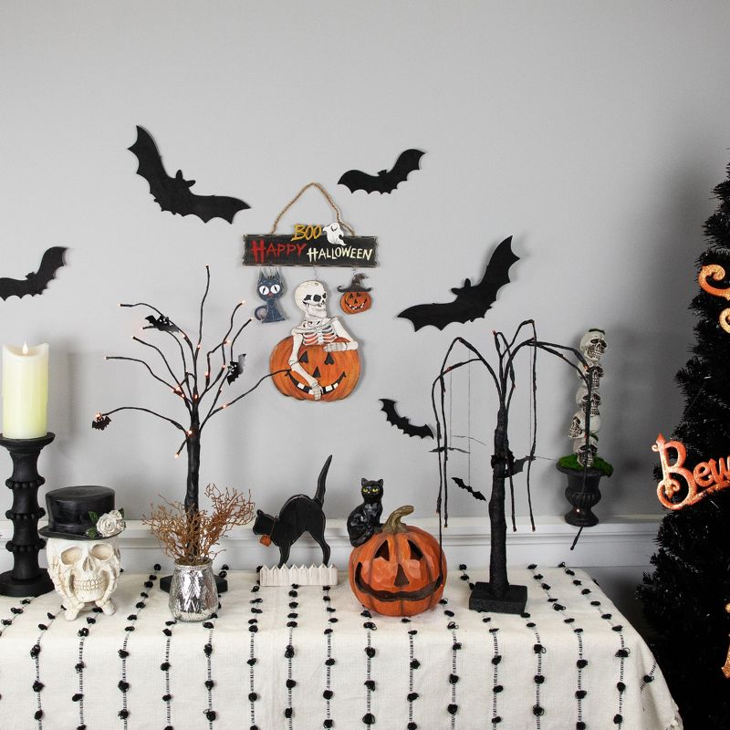 Northlight 14.5" Skeleton with Jack-O-Lanterns and Black Cat "Happy Halloween" Wall Sign, 2 of 7