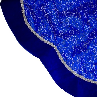 Royal Blue and Silver Velvet Christmas Tree Skirt with Filigree Swirls