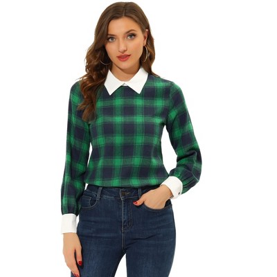 Allegra K Women's Contrast Turndown Collar Button Back Check Plaid Work Shirt