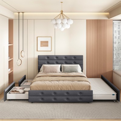 DOMETOUR Queen Size Upholstered Linen Fabric Trundle bed with Drawers Grey