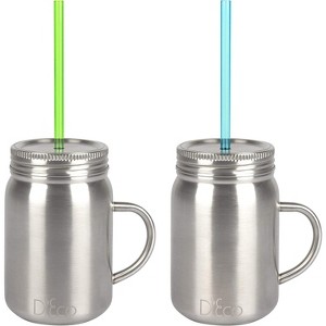 Stainless Steel Insulated Mason Jar, 16 oz- Set of 2 - Tumblers w/ 2 Reusable Straws & Matching Lids - Hot and Cold Double Wall Insulated Drinking - 1 of 3