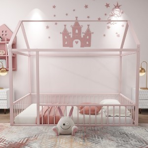 CAVINAS Twin/Full Size Bed Frame with House Roof & Fences,Metal Floor Bed for Kids Room,Bedroom - 1 of 4