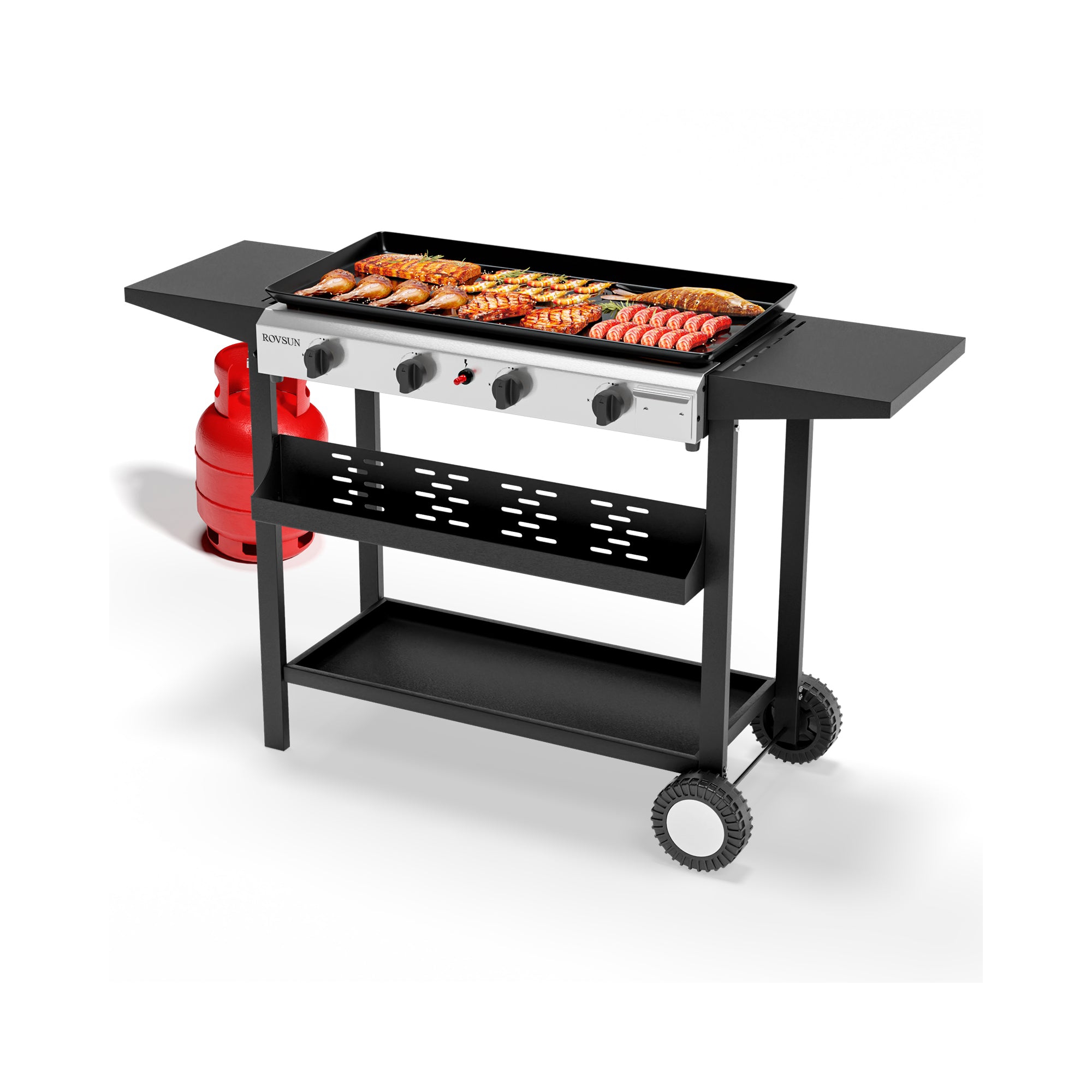ROVSUN 4 Burner Portable Propane Griddle, 40000 BTU Rolling Flat Top Gas Grill with Electronic Ignition & Regulator for Outdoor Camping BBQ Tailgating