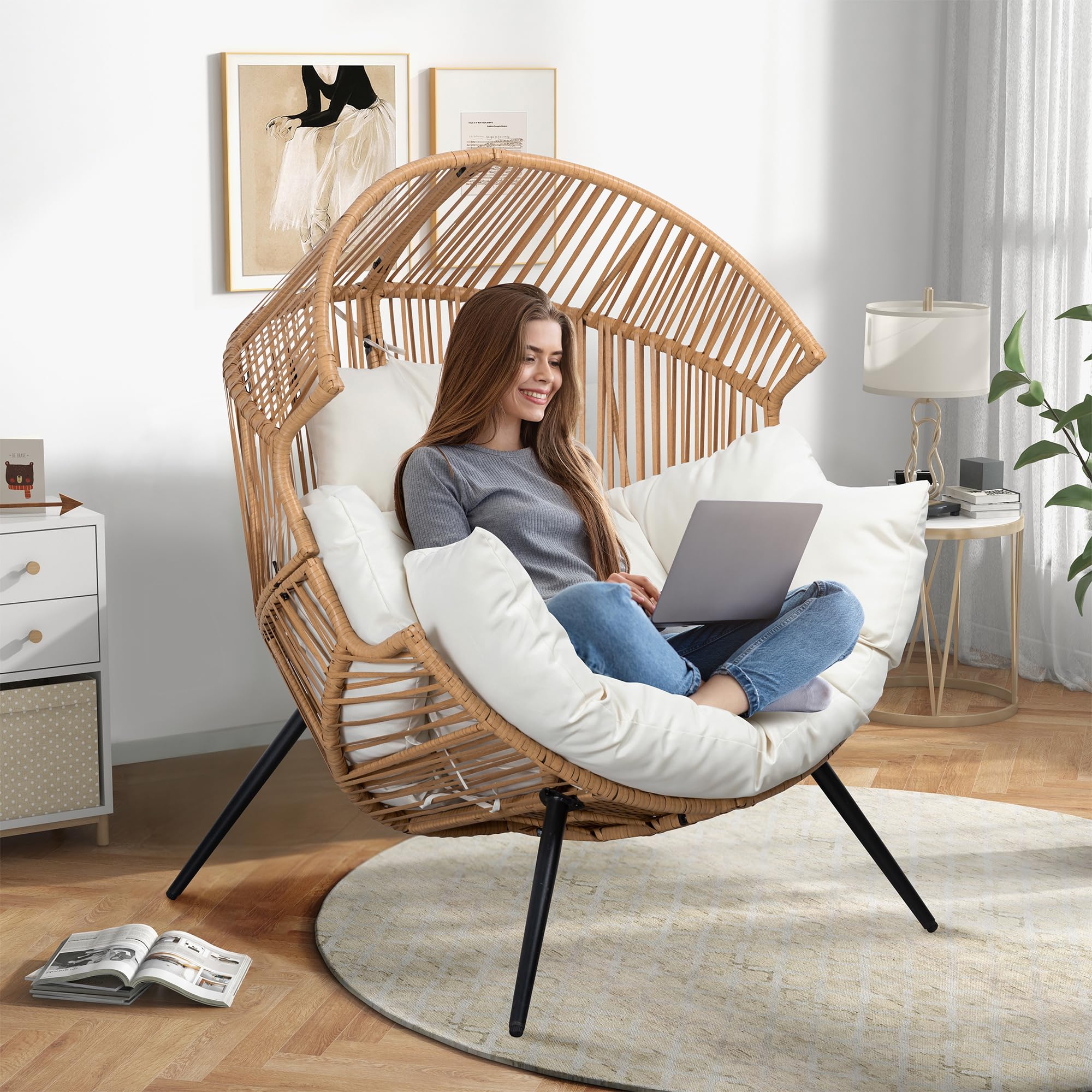Outdoor Wicker Egg Chair Oversized Ergonomic Rattan Rocker with Thick Plush Cushion for Patio Backyard Garden - Brown & Beige