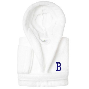 Personalized Linum Kids 100% Polyester SUPER PLUSH Double Brushed Hooded Bathrobe in Navy Bookman Font - 1 of 3