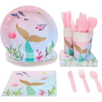 Juvale 144 Pieces Mermaid Birthday Party Decorations, Dinnerware Set with Plates, Napkins, Cups, Cutlery (Serves 24)