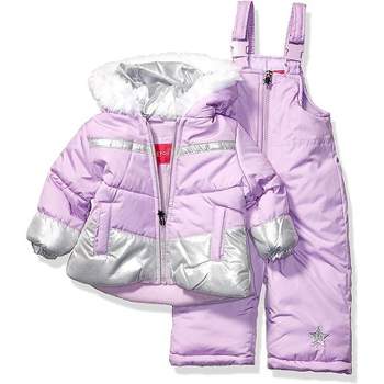 LONDON FOG Little Girls' Heavyweight 2-Piece Snow bib & Puffer Coat Snowsuit Set - 6X - Violet Silver Foil
