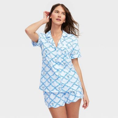 Women's Geo Trellis Short Sleeves and Shorts Pajama Set Blue - Roller Rabbit x Target XXS