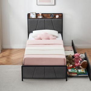 Twin Size Bed Frame with Built-in USB Charging Station & 2 Storage Drawers,Linen Upholstered Platform,No Box Spring Needed, Easy Assembly, - 1 of 4
