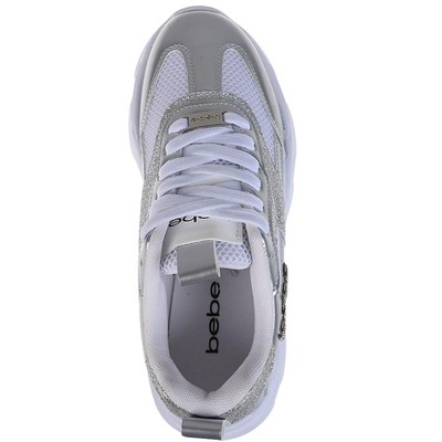 Женские кроссовки Bebe Women's Fashion Platform Lace-Up Shoes - Chunky Sneakers with Mesh & Rhinestone Accents, Silver, 9 — фото 6