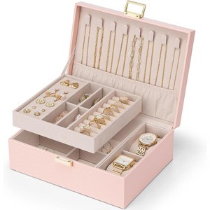 2-Layer Jewelry Box with Removable Tray, Large Cream White Organizer for Necklaces, Earrings, Rings, Gift for Women - 1 of 4