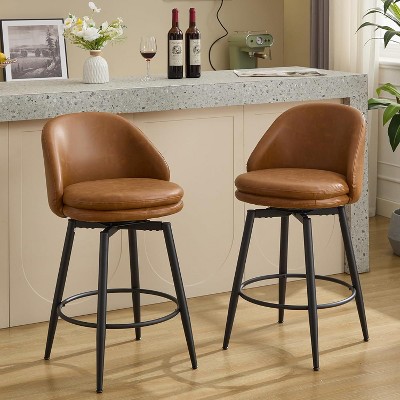 Counter Height Bar Stools Set of 2, 26 Inch Swivel Barstools with Back and Metal Legs for Kitchen Counter, Modern Upholstered Stools Island Chairs