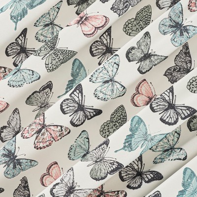 Blue Butterfly Print Sheer Polyester Rod Pocket Curtain Panel