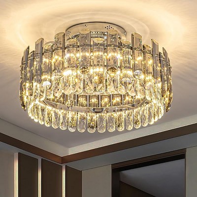 Siljoy Crystal Ceiling Fan with Lights, Modern Chandelier Ceiling Fan with Remote, 6-Speed Wind, Dimmable LED, 20” Low Profile Ceiling Fan