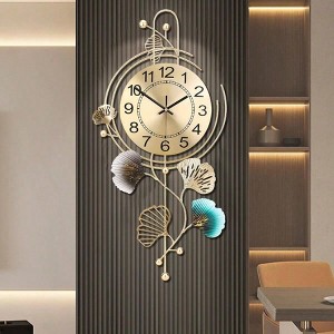Metal Wall Clock with Gold/Blue Leaf Design. Silent Round Dial, Modern for Living Room, Bedroom, Office. 25x12 inches - 1 of 4