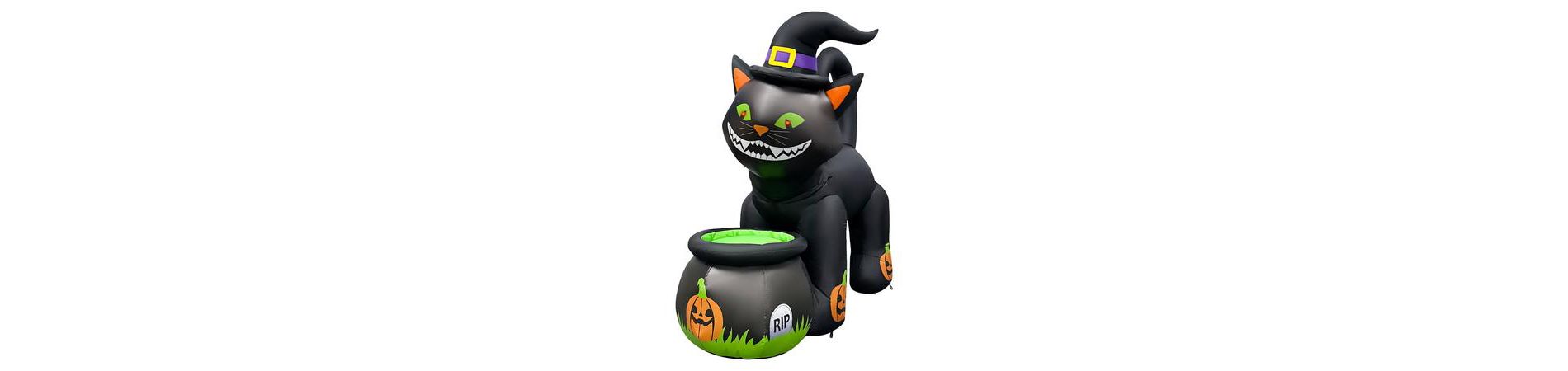 GOOSH 5.2ft Animated Light-Up Inflatable Black Cat with Witch Hat and Cauldron Halloween Yard Decoration