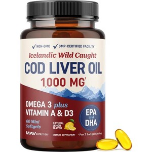 Cod Liver Oil Softgels 1000MG, EPA DHA Omega 3 + Vitamin A & D3 Supplement for Bone, Eye & Immune Health, MAV Nutrition, 60ct - 1 of 4