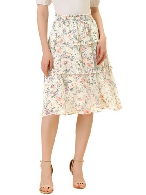Allegra K Women's Floral Print Smocked Elastic Waist Midi Flowy Tiered Ruffle Skirt