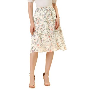 Allegra K Women's Floral Print Smocked Elastic Waist Midi Flowy Tiered Ruffle Skirt - 1 of 4