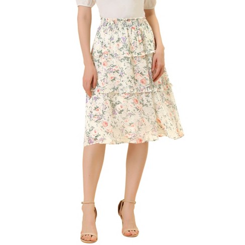 Allegra K Women's Floral Print Smocked Elastic Waist Knee Length Flowy  Tiered Ruffle Skirt White X-Large