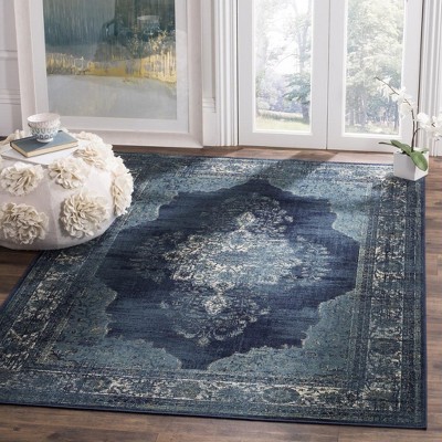 Navy Medallion Rectangular Viscose Area Rug 6'7" x 9'2"