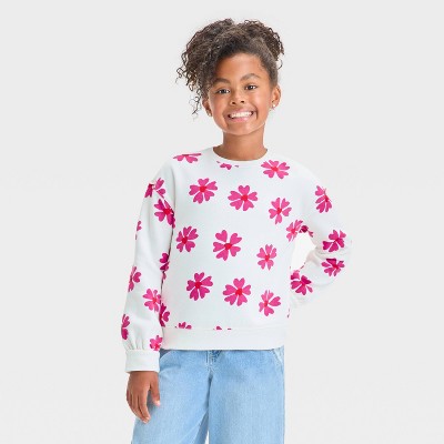 Girls' Floral Valentine's Day Fleece Crew Neck Pullover Sweatshirt - Cat & Jack™ Cream