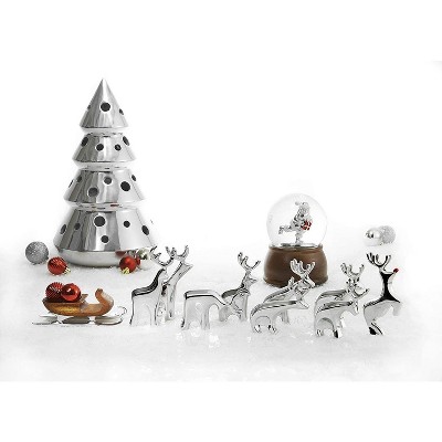 Nambe Miniature Figurin Set of 9 - Miniature Reindeer Figurines with Wooden Sleigh - Modern Holiday Figurine Set - Nambe Alloy Christmas Home Decor