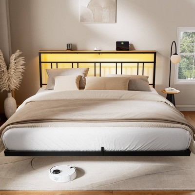 WOWLIVE King/Queen/Full/Twin Size Floating Bed Frame with Storage and Charging Station, LED Light Platform Bed with Strong metal Slats Support