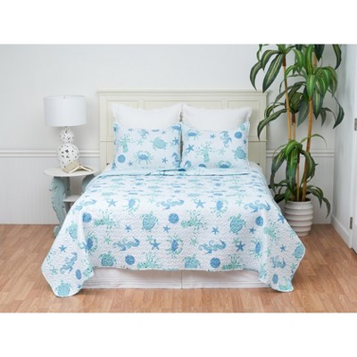 Blue Coastal Reversible Microfiber Full Quilt Set