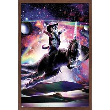 Trends International James Booker - Galaxy Cat on Dinosaur Unicorn In Space Framed Wall Poster Prints