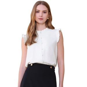 INSPIRE CHIC Women's Ruffle Sleeveless Button Down Crew Neck Stand Collar Office Shirt - 1 of 4