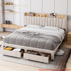 Upholstered Bed Frame w/ Storage Headboard,Platform Bed Frame w/ Storage Drawers, Charging Station No Box Spring Needed - 1 of 4
