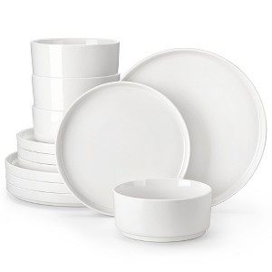 vancasso 12 Piece Ceramic Dinnerware Set, White Porcelain, Dinner Plates, Dessert Plates And Bowls For 4 Person, Vertical Edge - 1 of 4