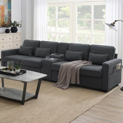 YOOCOZZ Modern Linen Sectional Sofa with Storage Console, Cup Holders, USB Charging, Side Pockets