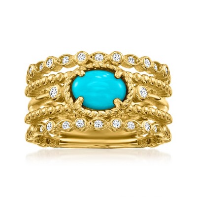 Ross-Simons Turquoise and 0.30 ct. t.w. White Topaz Ring in 18kt Gold Over Sterling