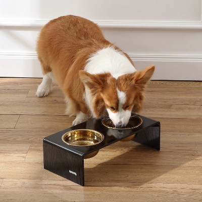 Keaton Black and Gold Modern Elevated Pet Feeder with Stainless Steel Bowls