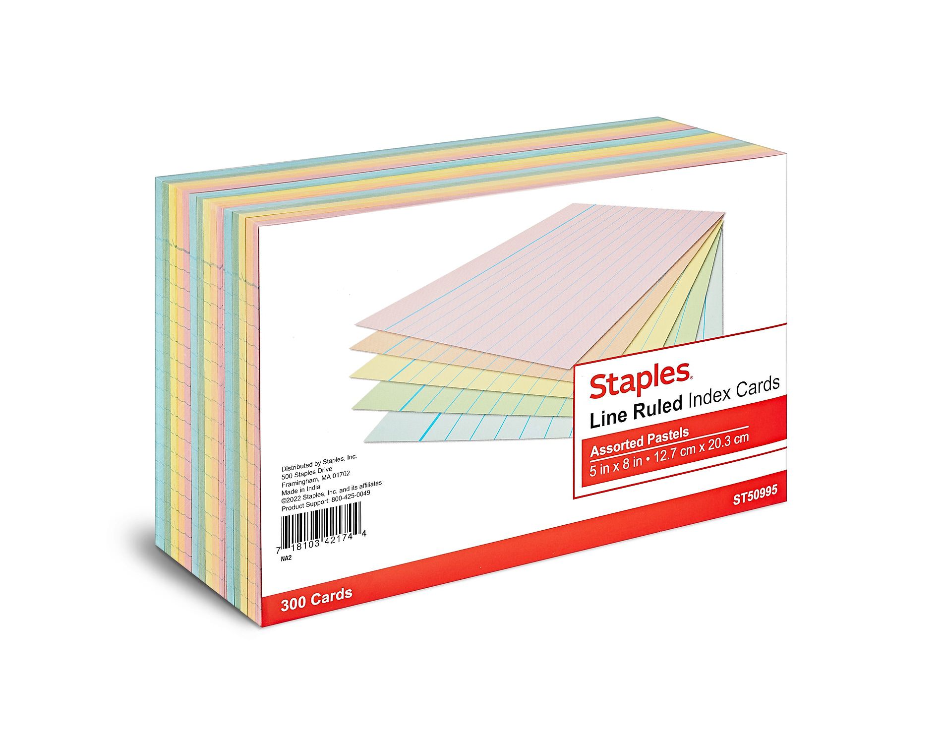 Staples 5" x 8" Line Ruled Assorted Pastel Index Cards 300/Pack (50995) TR50995