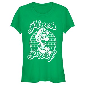 Juniors Womens Nintendo Super Mario St. Patrick's Day Pinch Proof Luigi Retro T-Shirt - 1 of 4