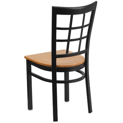 36.5'' High Black Steel Window Back Chair with Natural Wood Seat