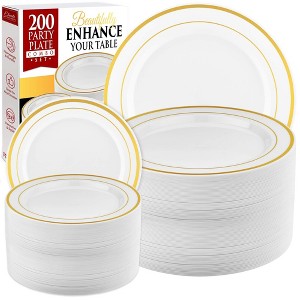 Prestee Disposable Heavy Duty Plastic Plates with Gold Rim-Set of 200,White - 1 of 1