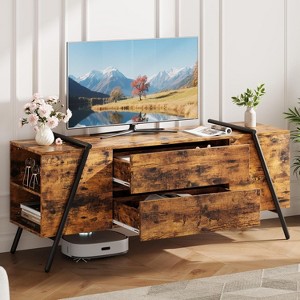Modern TV Stand for Living Room, Farmhouse Entertainment Center with 2 Drawers, Adjustable Shelves, U-Shaped Metal Legs - 1 of 4