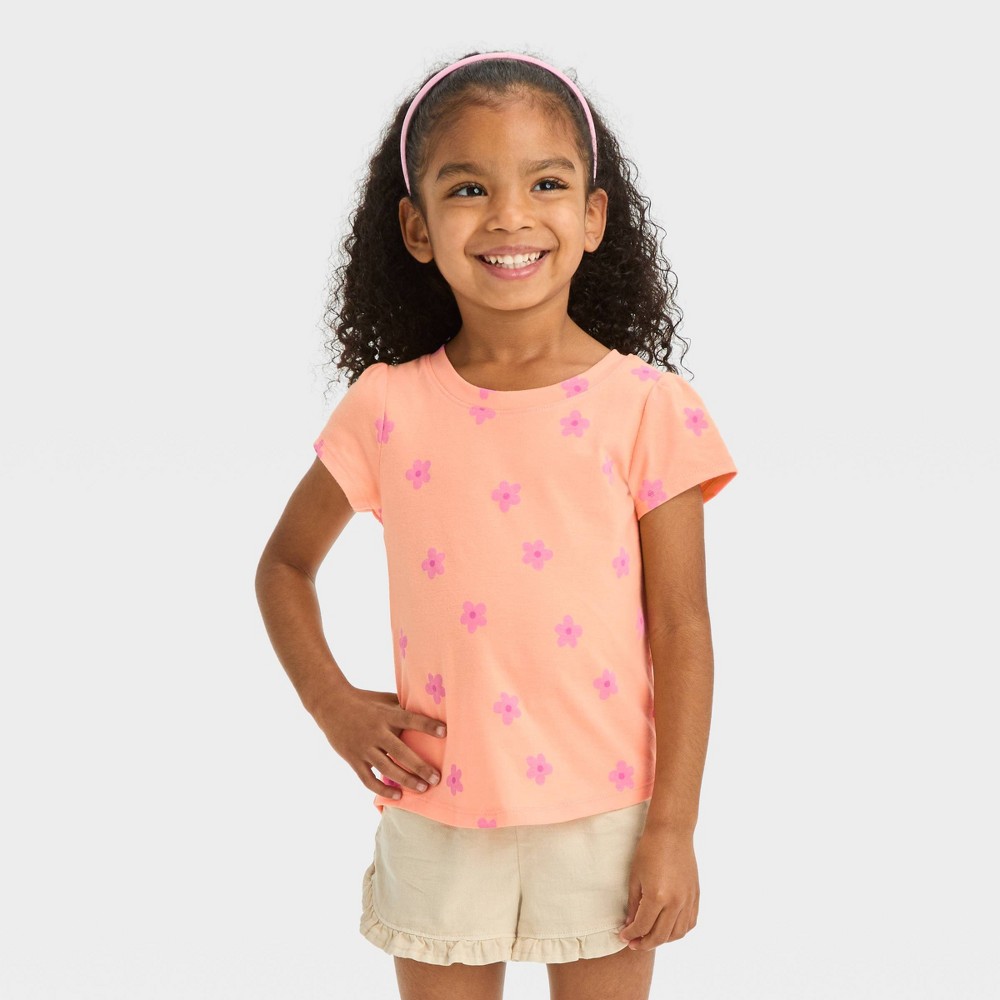 Toddler Girls' Daisy Short Sleeve T-Shirt - Cat & Jack™ Coral Orange 3T: Ruffle Eyelet Sleeves, Jersey Fabric, Floral Print