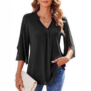 Zeagoo 3/4 Sleeve Tops for Women Ruffle V Neck Mesh Blouses Flowy Floral Loose Work Casual Tunic Shirts Black M - 1 of 4