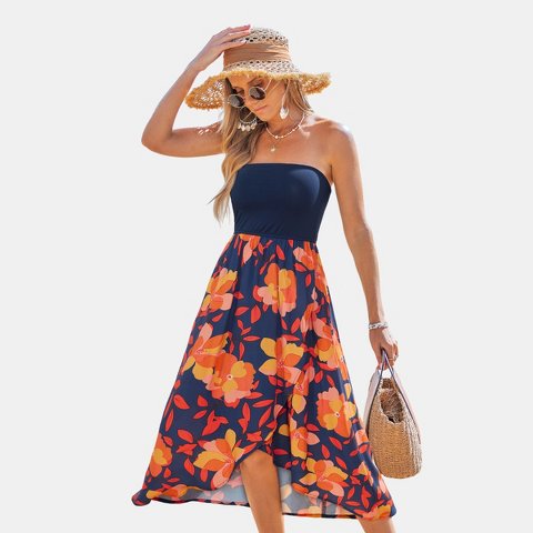 Женские платья Cupshe Women's Vibrant Floral Strapless A-line Maxi Beach Dress-L-Blue
