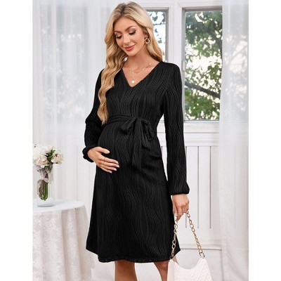 WhizMax Women Maternity Dress Rib Knit V Neck Lantern Long Sleeve Pregnancy Dresses with belt for Baby Shower Photoshoot