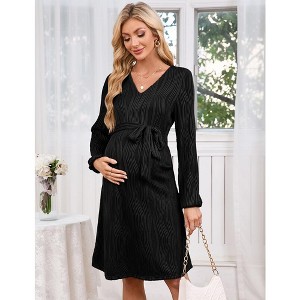 WhizMax Women Maternity Dress Rib Knit V Neck Lantern Long Sleeve Pregnancy Dresses with belt for Baby Shower Photoshoot - 1 of 4